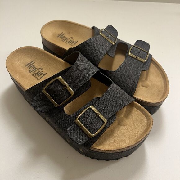 Hey Girl By Corkys Wannabe Black Denim Platform Sandals Double Buckle Strap 7 - Picture 2 of 9